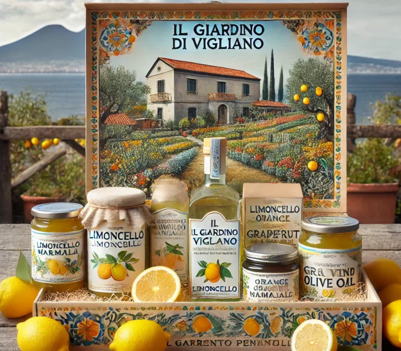 DALL·E 2025-03-11 10.12.18 - A beautifully arranged rustic gift box featuring artisanal products from Il Giardino di Vigliano. The box includes a bottle of limoncello, jars of lem